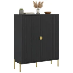 Madie|Credenze > Dmora Credenza Nero oro Cassetti 4 Ripiani 203x49x83h cm, Apertura Battente - Viale Oro, Nero