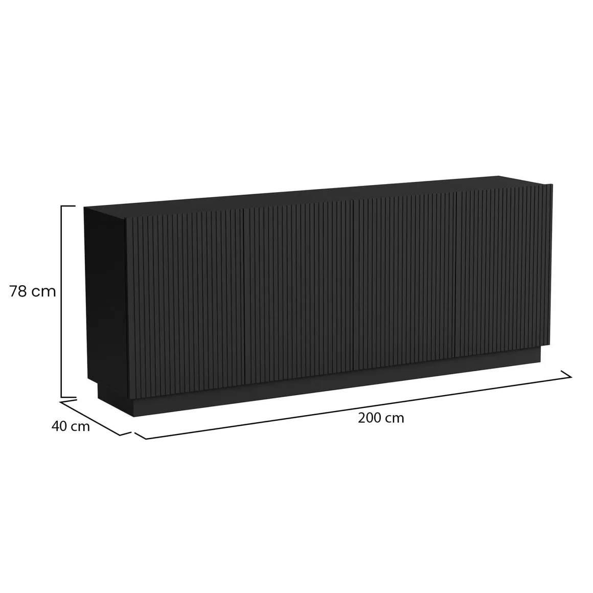 Credenza Nero 4 Ripiani 4 Ante 200x40x78h cm, 8 Vani - Masainas