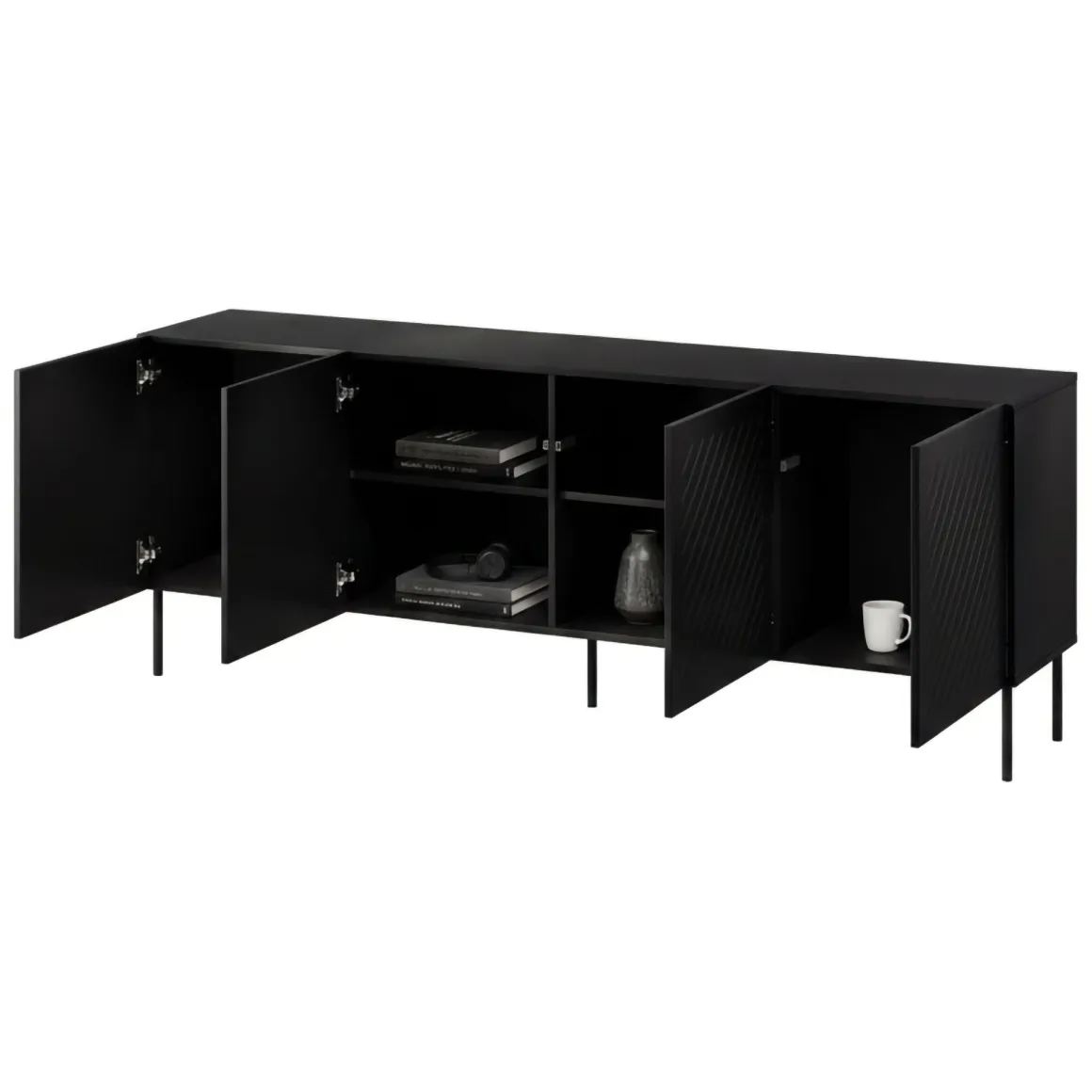 Credenza Nero 2 Ripiani 6 Vani 200.5x42x75h cm, 4 Ante - Carema