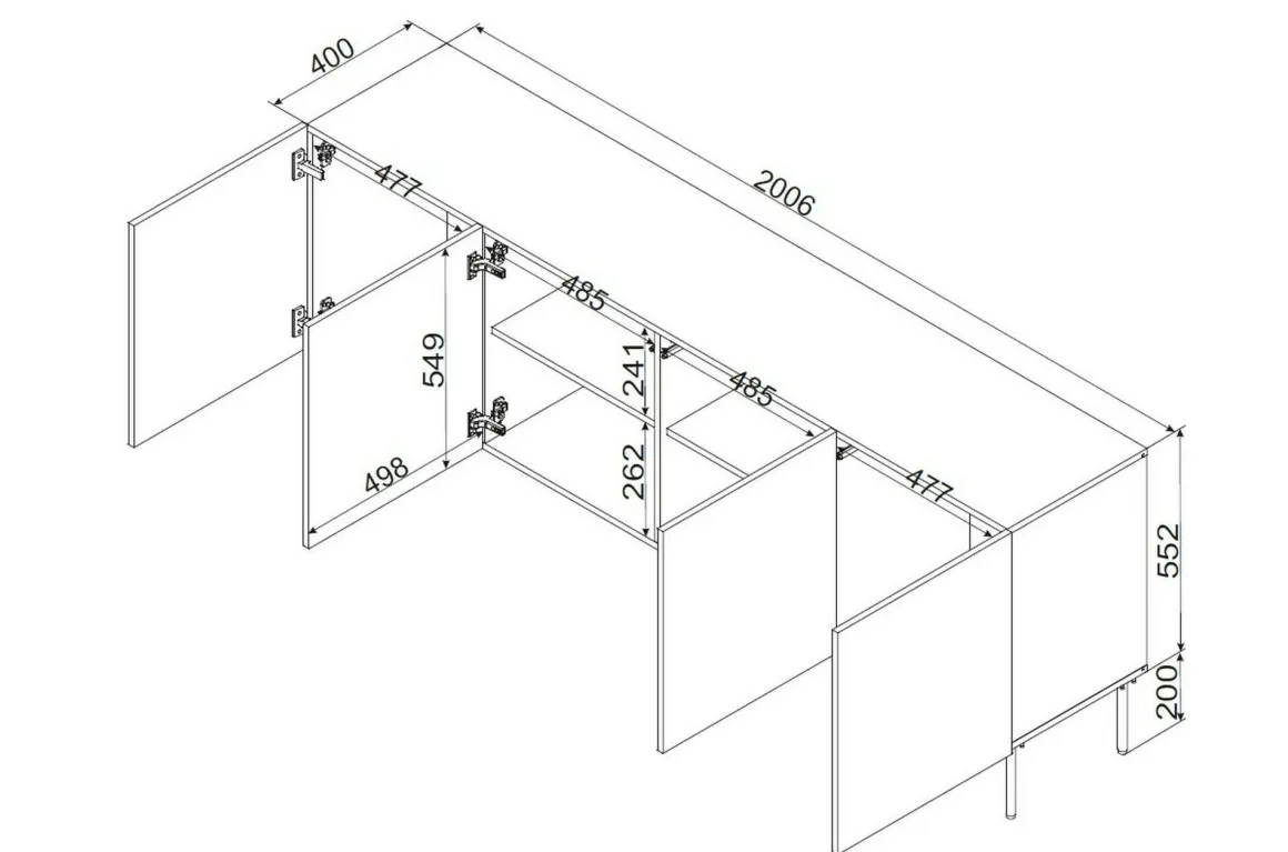Credenza Nero 2 Ripiani 6 Vani 200.5x42x75h cm, 4 Ante - Carema