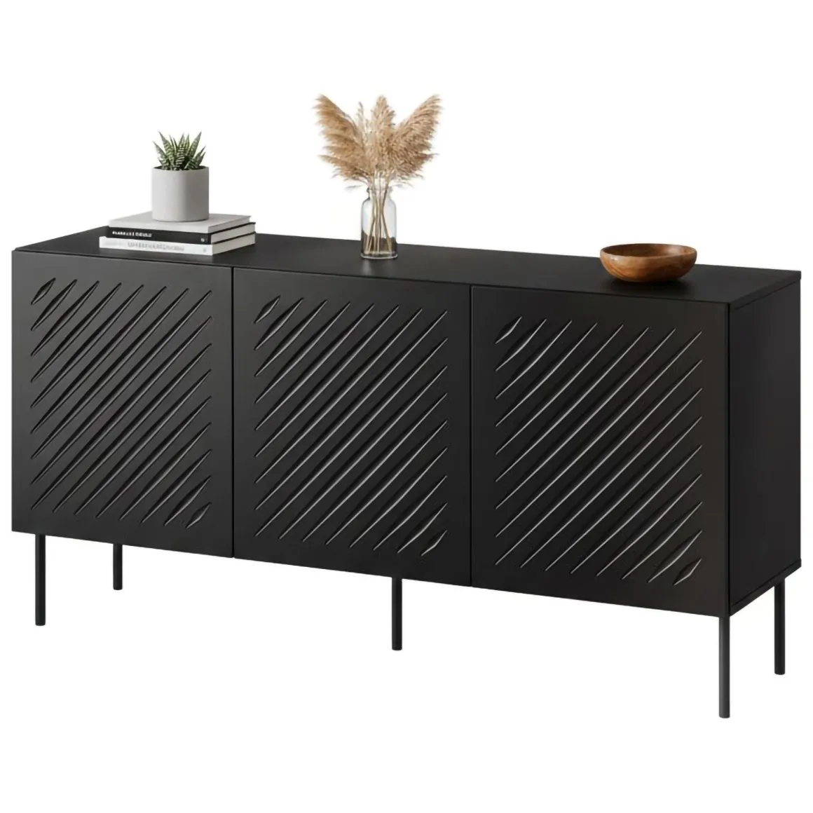 Credenza Nero un Ripiano 3 Vani 150.5x42x75h cm, 3 Ante - Stilo