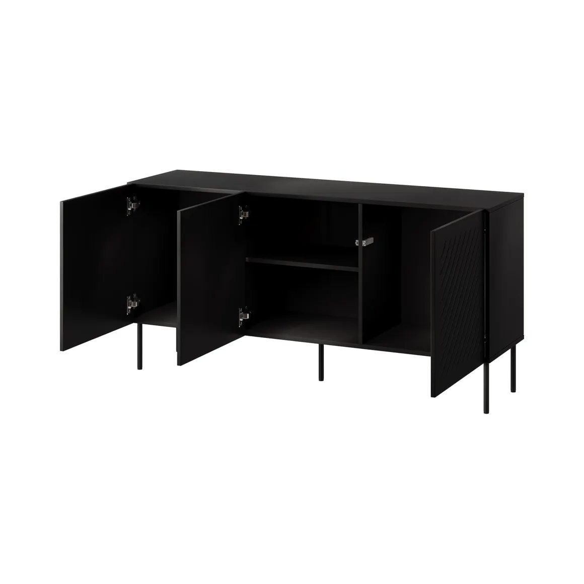 Credenza Nero un Ripiano 3 Vani 150.5x42x75h cm, 3 Ante - Stilo