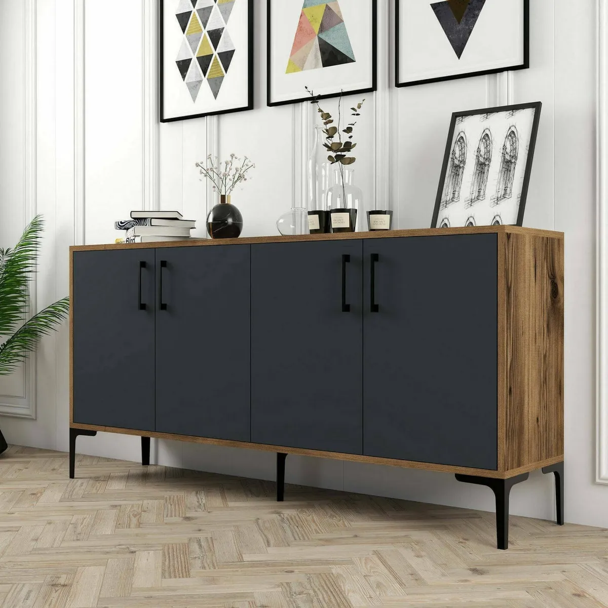 Cucina|Madie > Dmora Credenza noce e antracite 160x35x78h cm 4 ante - Soraya Nero Antracite, Marrone Noce