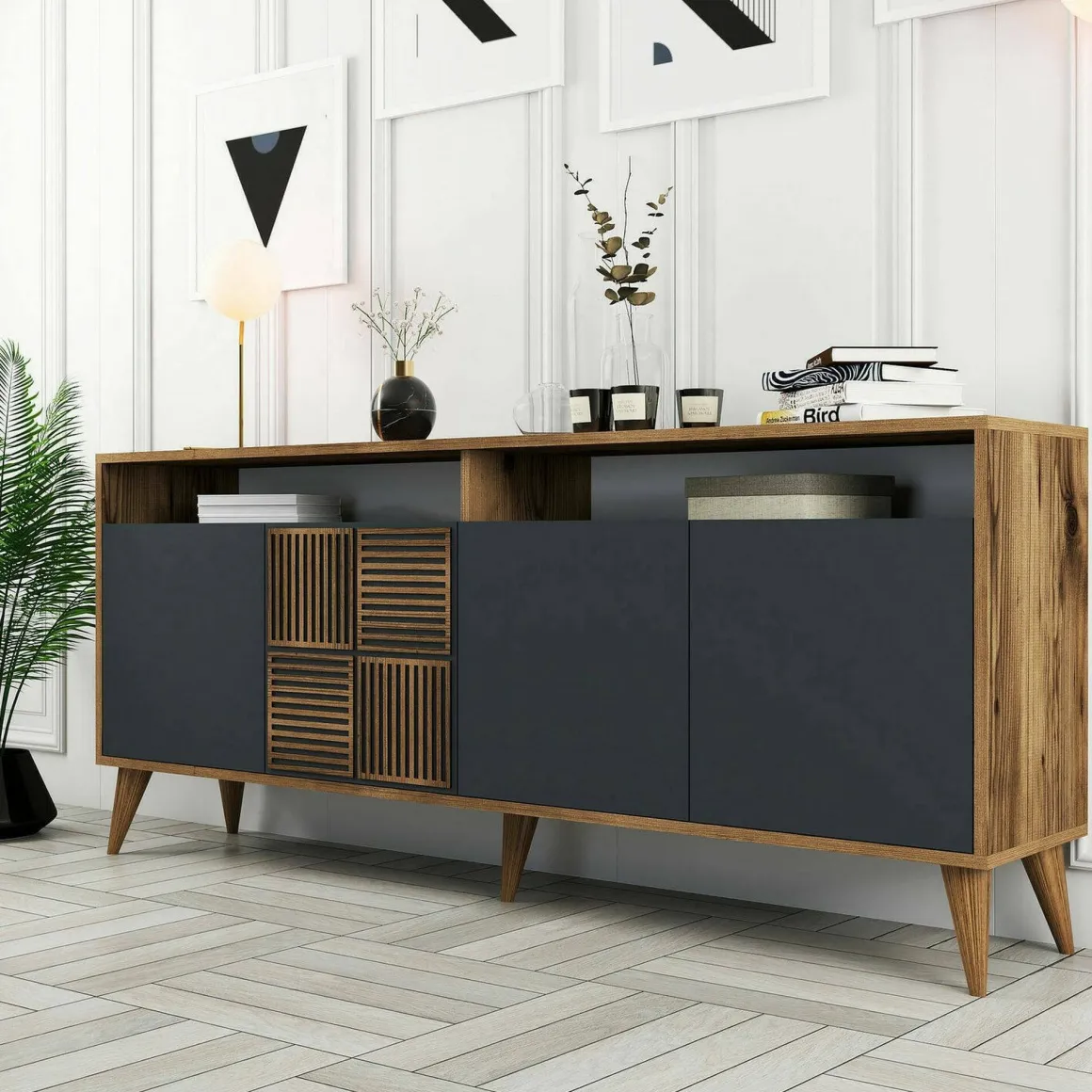 Credenza noce e antracite 180x35x78h cm 4 ante - Jole