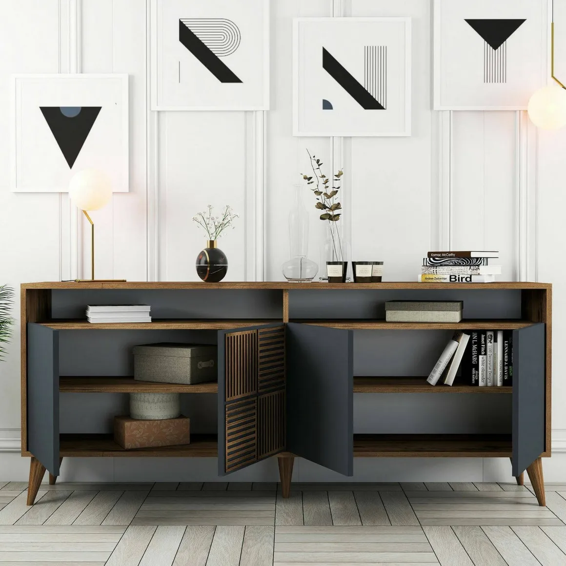 Credenza noce e antracite 180x35x78h cm 4 ante - Jole