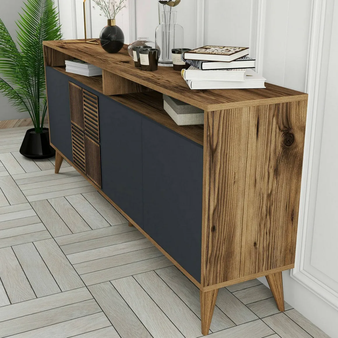 Credenza noce e antracite 180x35x78h cm 4 ante - Jole
