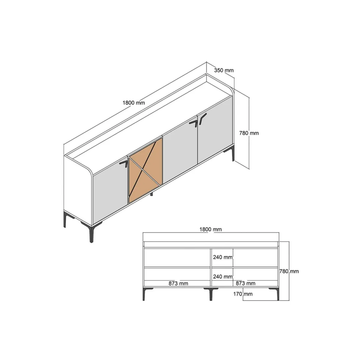 Credenza noce e bianca marmo 180x35x78h cm 3 ante - Also