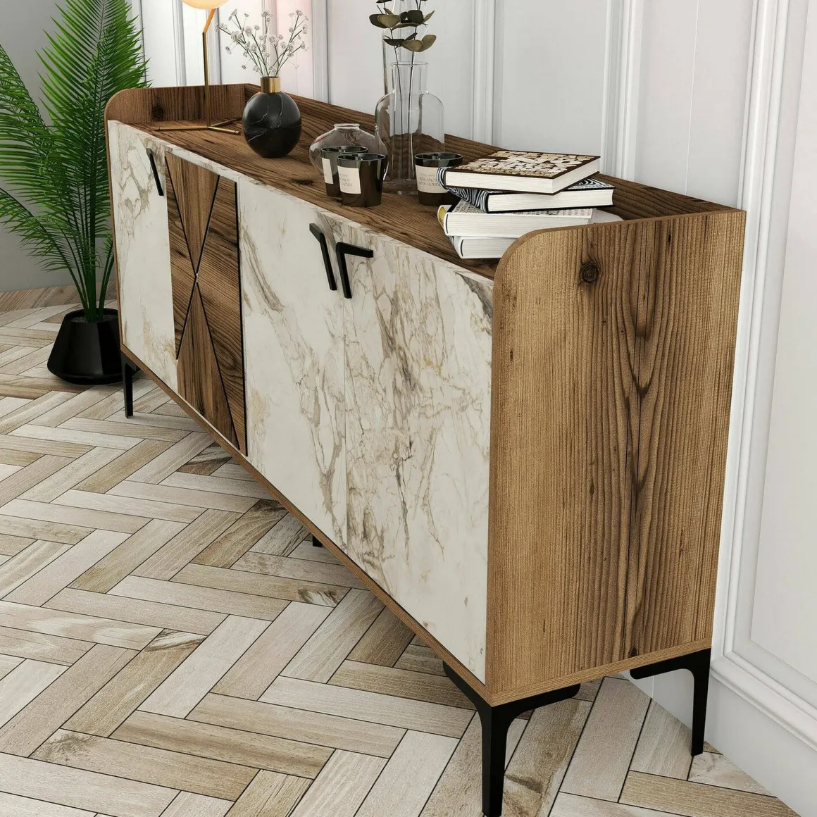 Credenza noce e bianca marmo 180x35x78h cm 3 ante - Also