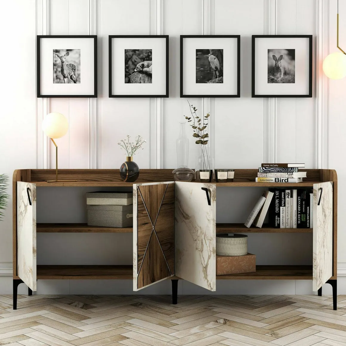 Credenza noce e bianca marmo 180x35x78h cm 3 ante - Also