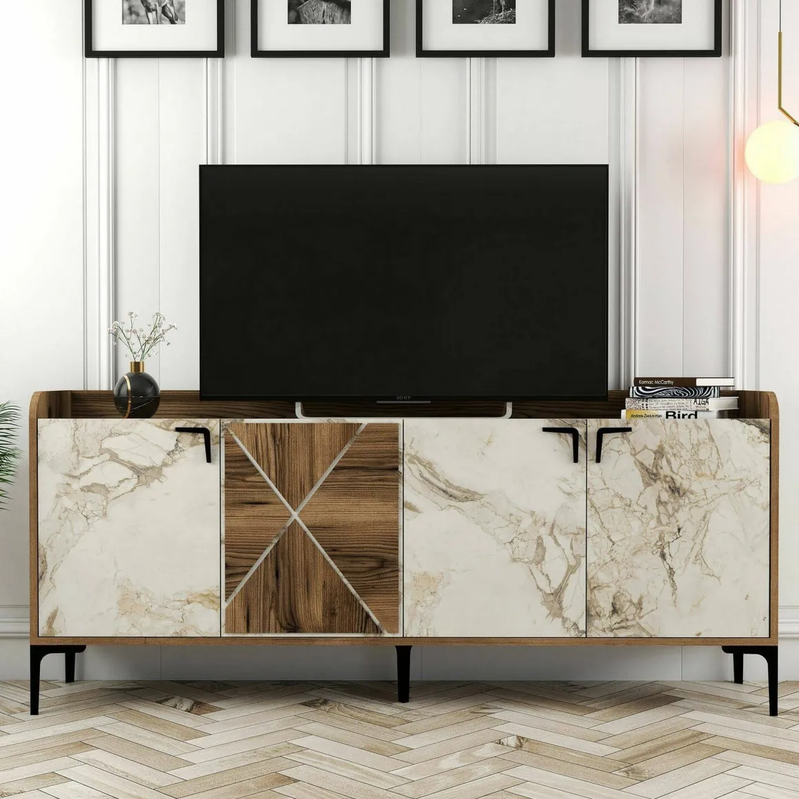 Credenza noce e bianca marmo 180x35x78h cm 3 ante - Also