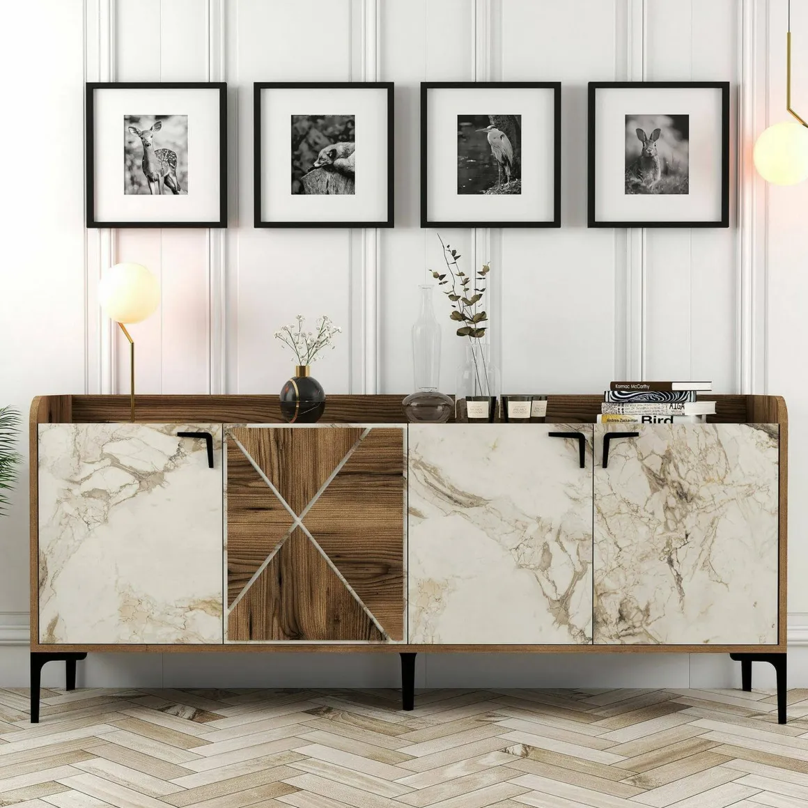 Credenza noce e bianca marmo 180x35x78h cm 3 ante - Also