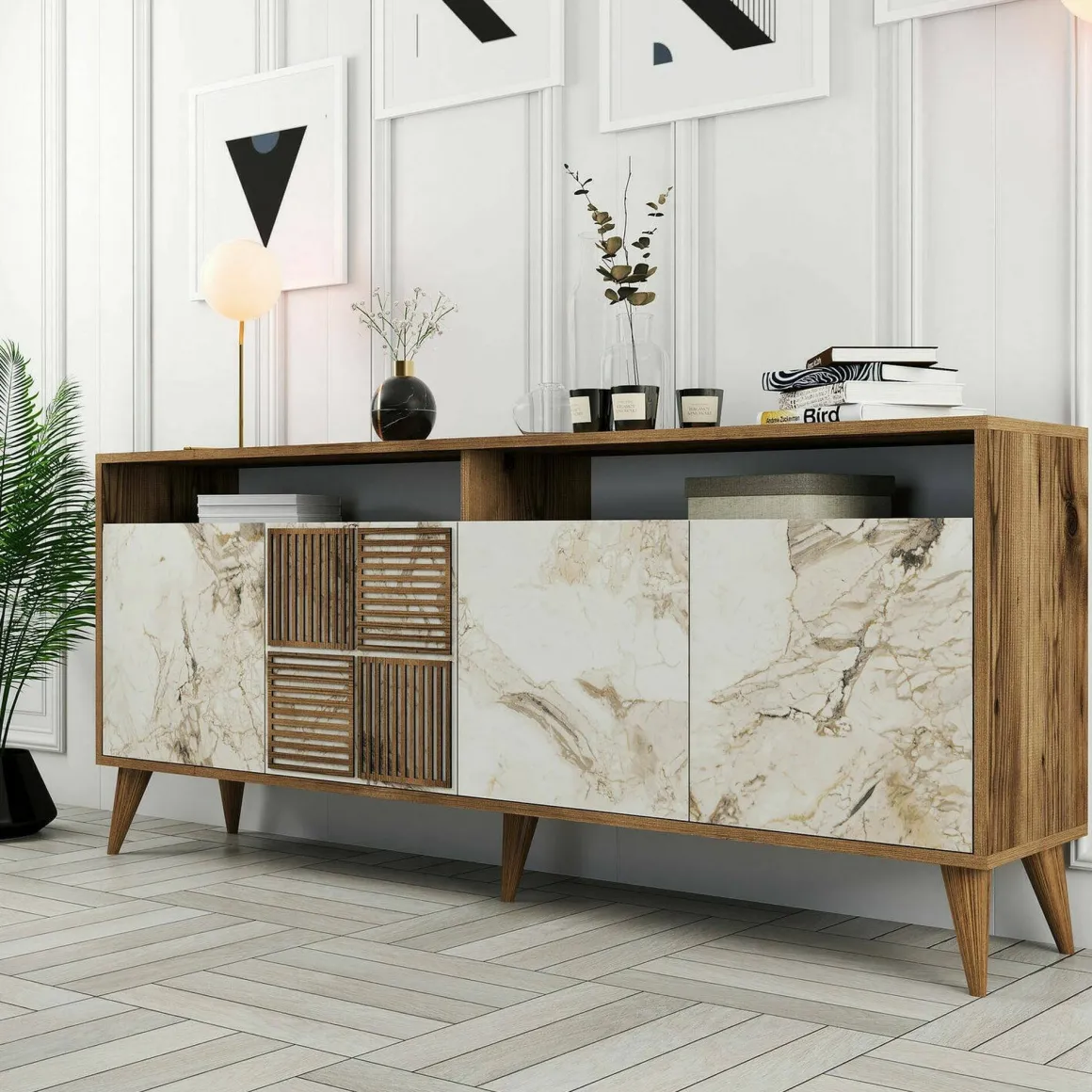 Credenza noce e bianca marmo 180x35x78h cm 4 ante - Jole