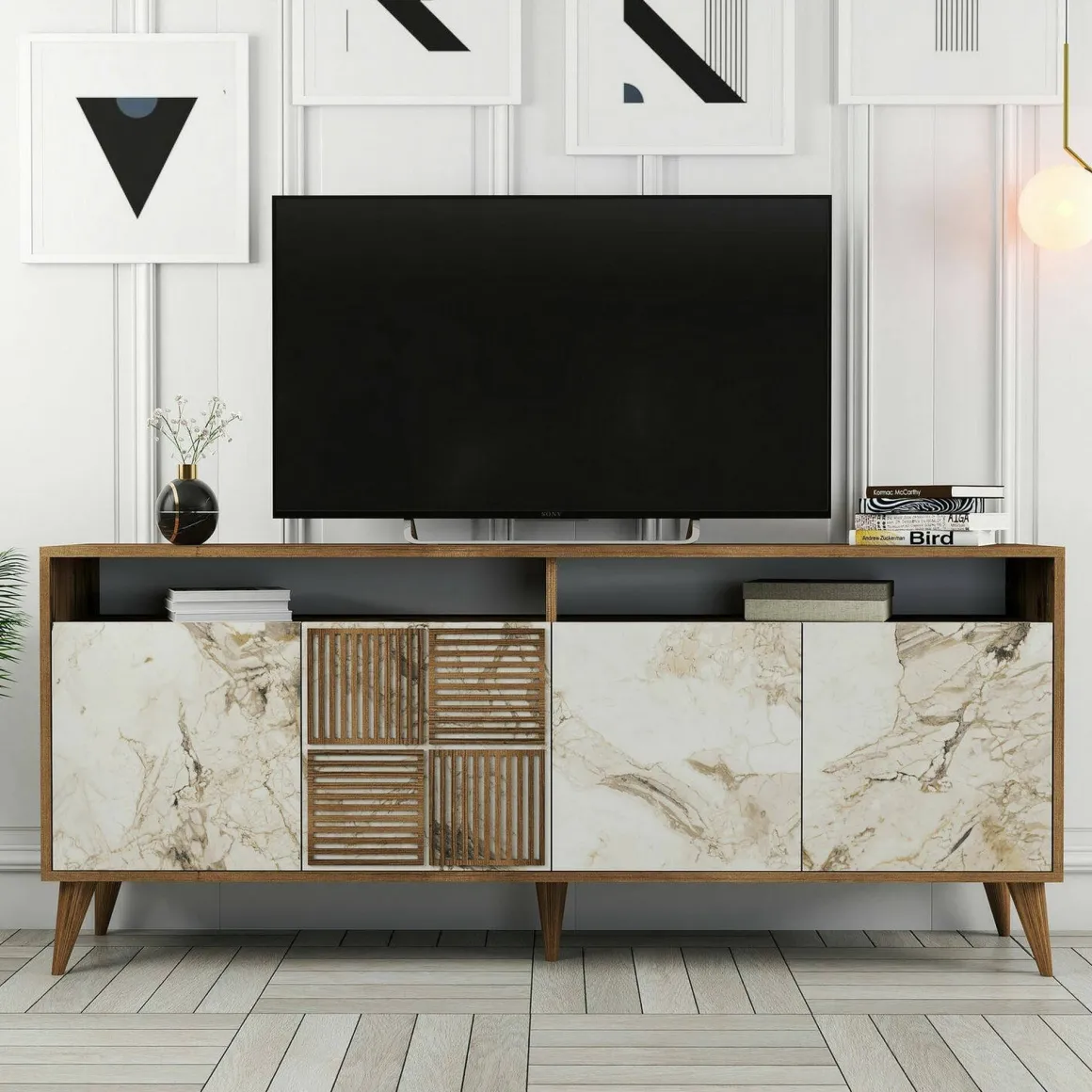 Credenza noce e bianca marmo 180x35x78h cm 4 ante - Jole
