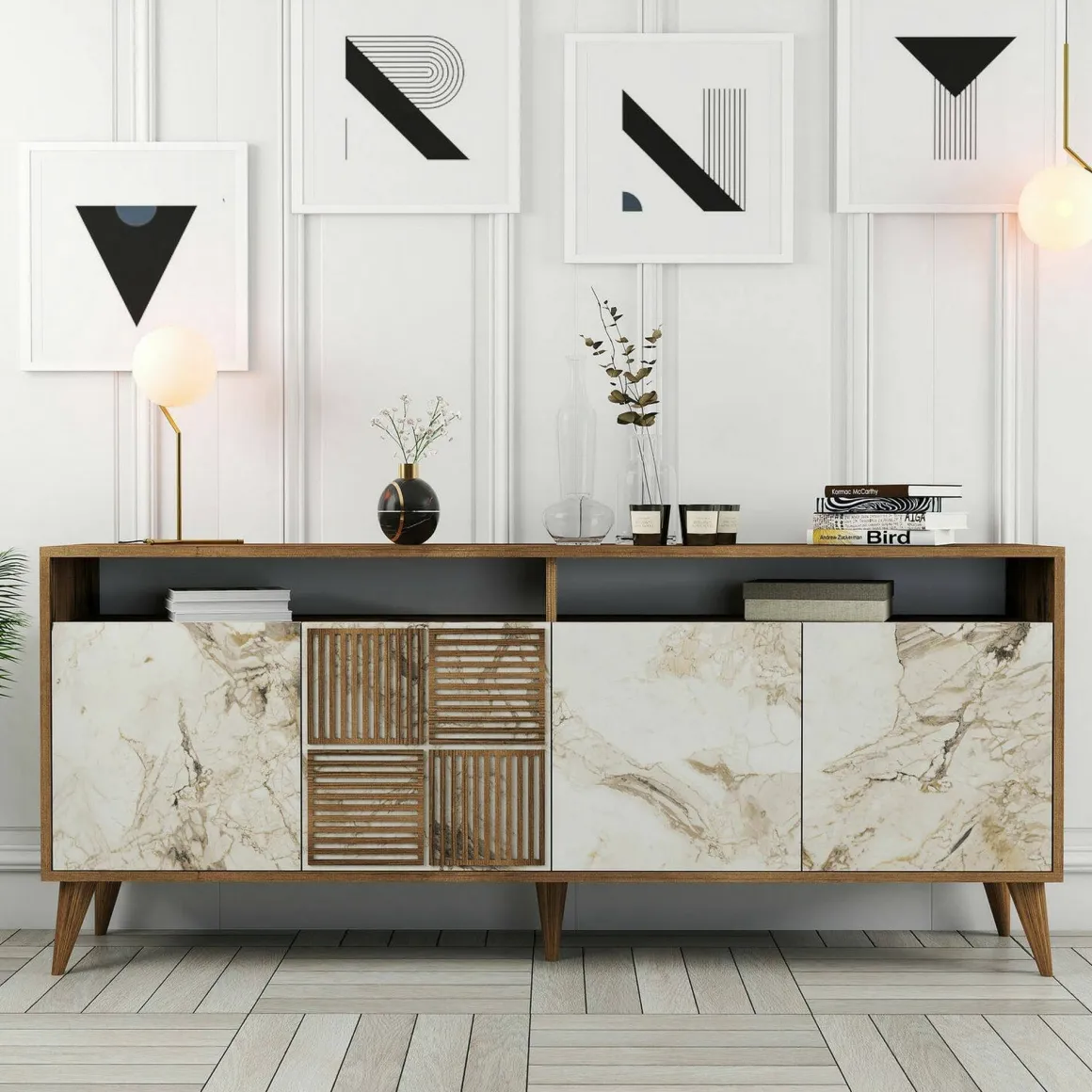 Credenza noce e bianca marmo 180x35x78h cm 4 ante - Jole