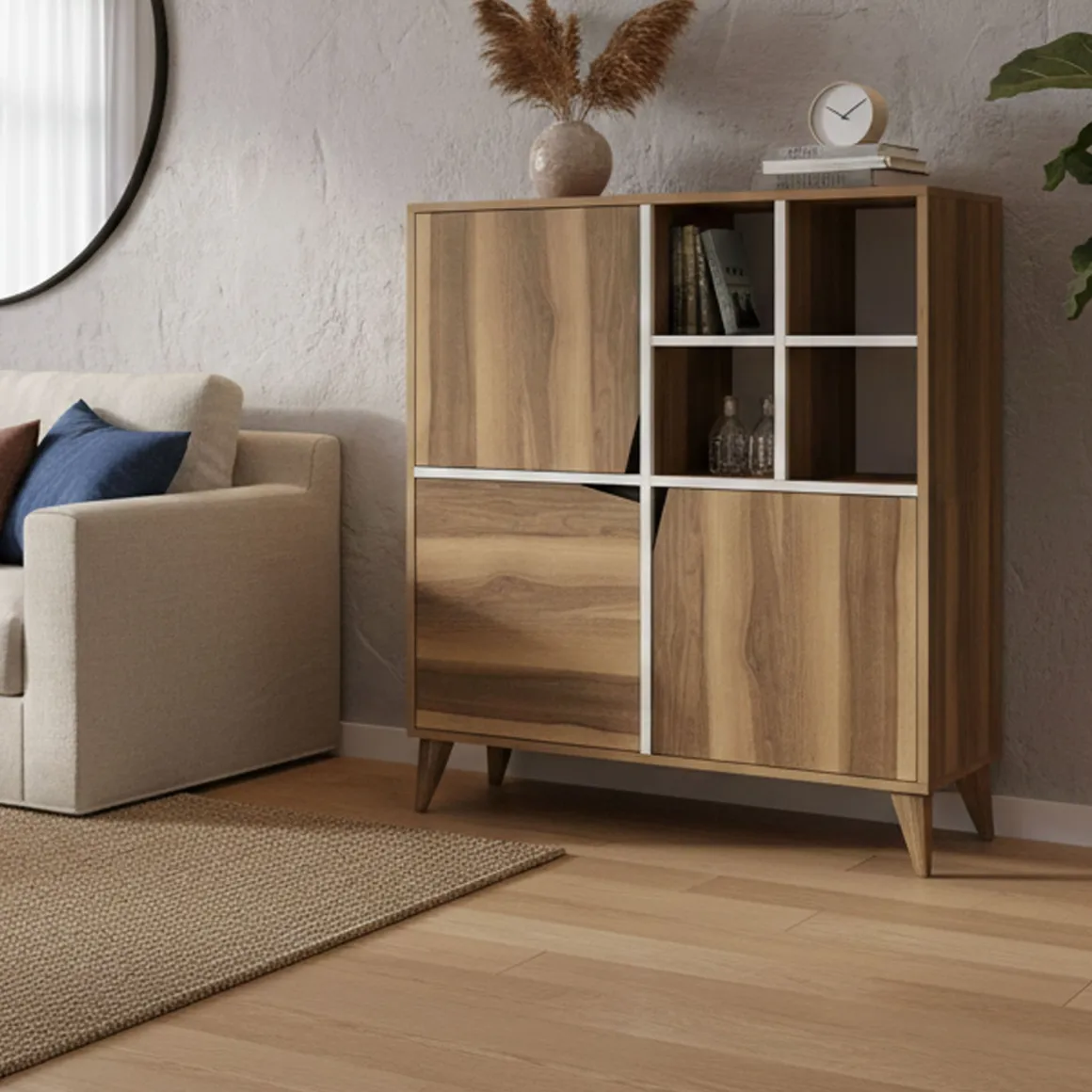 Salotto|Madie > Dmora Credenza noce e bianca 160x35x78h cm 4 ante - Garigliano Bianco, Marrone Noce