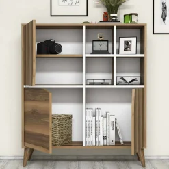 Salotto|Madie > Dmora Credenza noce e bianca 160x35x78h cm 4 ante - Garigliano Bianco, Marrone Noce