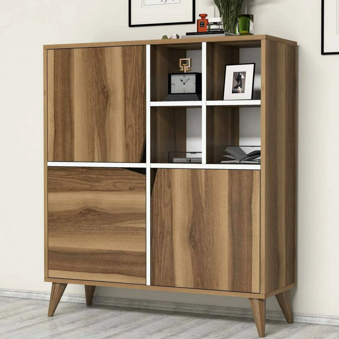 Salotto|Madie > Dmora Credenza noce e bianca 160x35x78h cm 4 ante - Garigliano Bianco, Marrone Noce