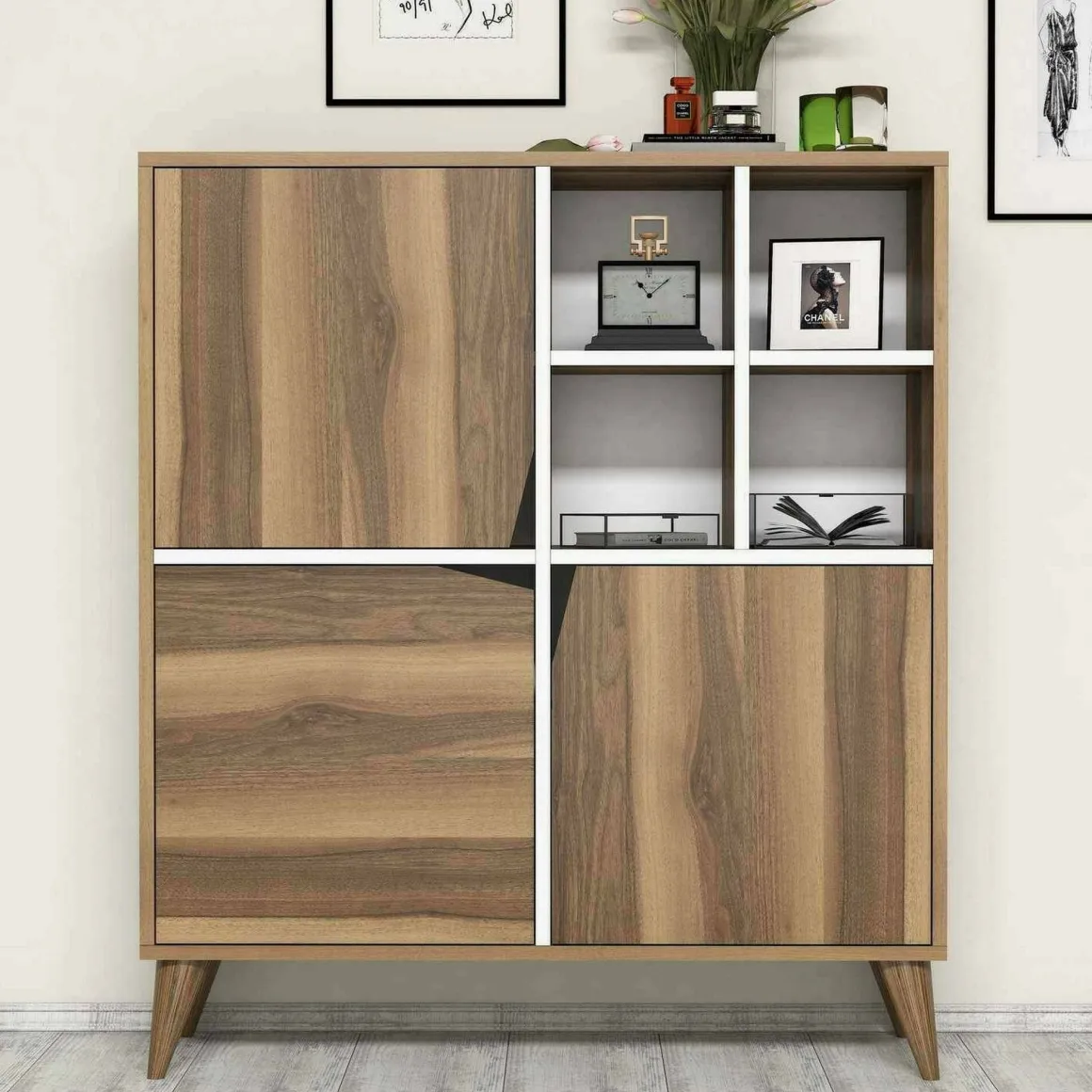 Salotto|Madie > Dmora Credenza noce e bianca 160x35x78h cm 4 ante - Garigliano Bianco, Marrone Noce