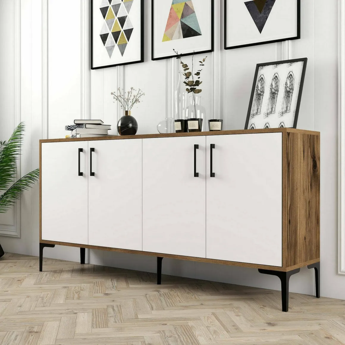 Salotto|Madie > Dmora Credenza noce e bianca 180x35x78h cm 3 ante - Also Bianco, Marrone Noce