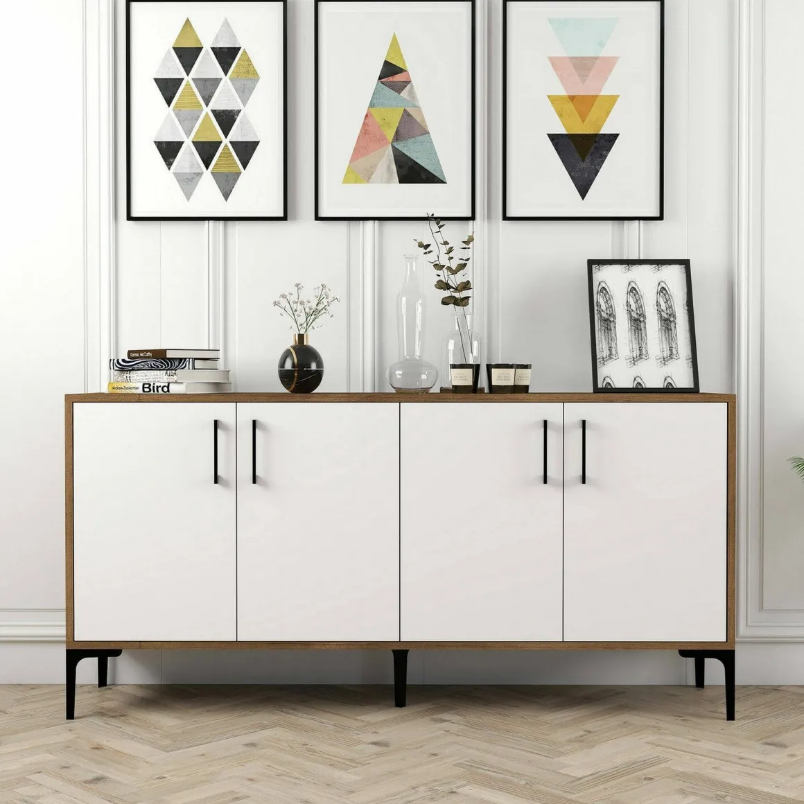 Salotto|Madie > Dmora Credenza noce e bianca 180x35x78h cm 3 ante - Also Bianco, Marrone Noce