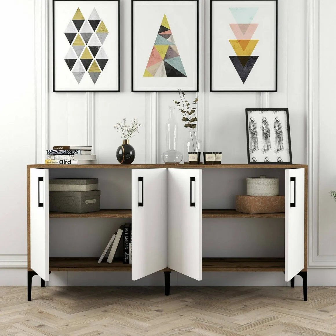 Salotto|Madie > Dmora Credenza noce e bianca 180x35x78h cm 3 ante - Also Bianco, Marrone Noce