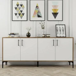 Salotto|Madie > Dmora Credenza noce e bianca 180x35x78h cm 4 ante - Jole Bianco, Marrone Noce