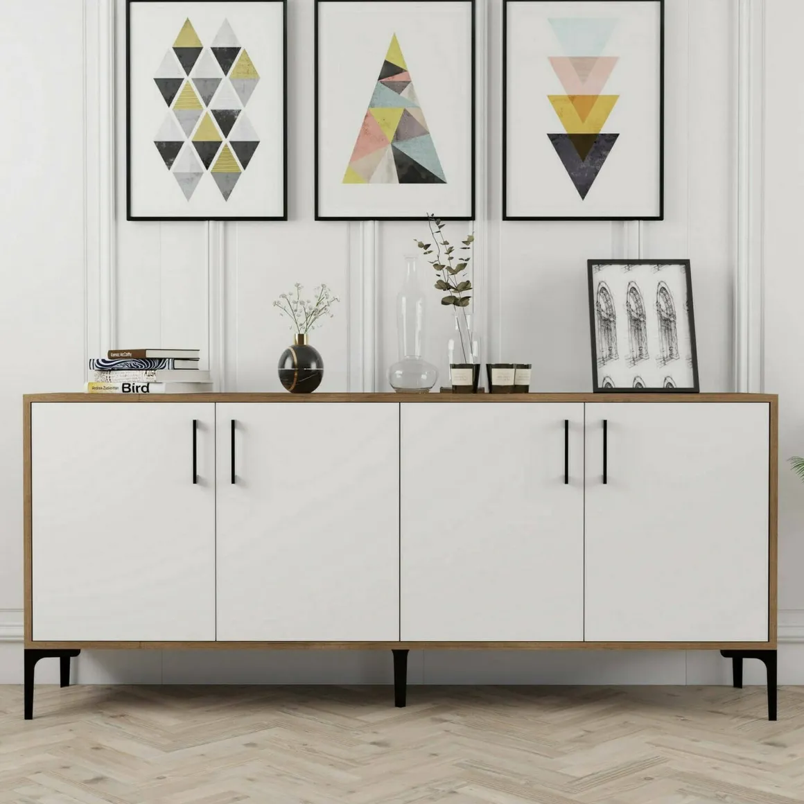 Salotto|Madie > Dmora Credenza noce e bianca 180x35x78h cm 4 ante - Jole Bianco, Marrone Noce