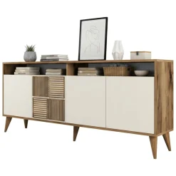 Madie|Credenze > Dmora Credenza noce e crema 180x35x78h cm 4 ante - Benjamin Bianco Crema, Marrone Noce