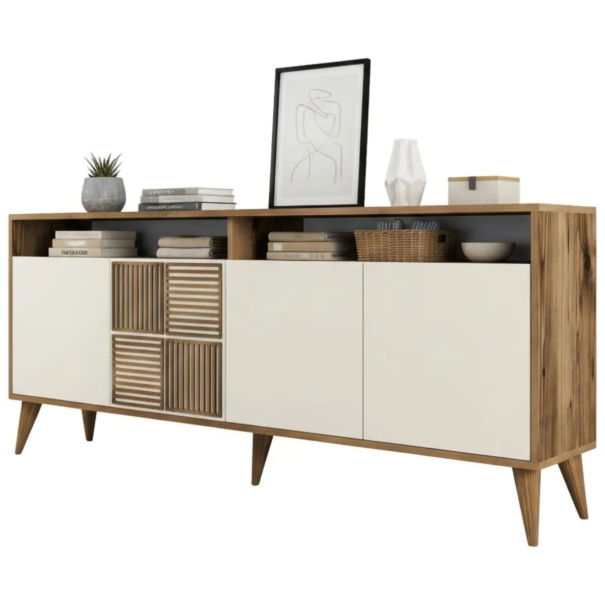 Madie|Credenze > Dmora Credenza noce e crema 180x35x78h cm 4 ante - Benjamin Bianco Crema, Marrone Noce