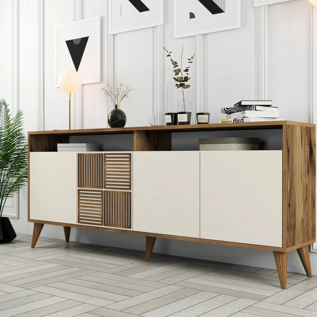 Madie|Credenze > Dmora Credenza noce e crema 180x35x78h cm 4 ante - Benjamin Bianco Crema, Marrone Noce