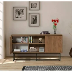 Madie|Credenze > Dmora Credenza noce e nera 180x35x78h cm 3 ante - Fay Nero, Marrone Noce