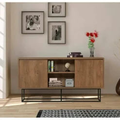 Madie|Credenze > Dmora Credenza noce e nera 180x35x78h cm 3 ante - Fay Nero, Marrone Noce