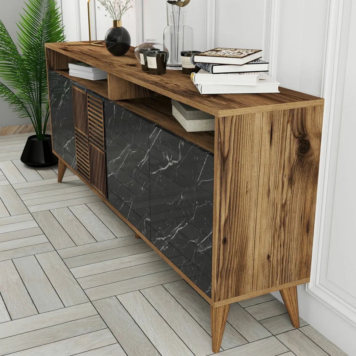 Credenza noce e nera 180x35x78h cm 4 ante - Benjamin