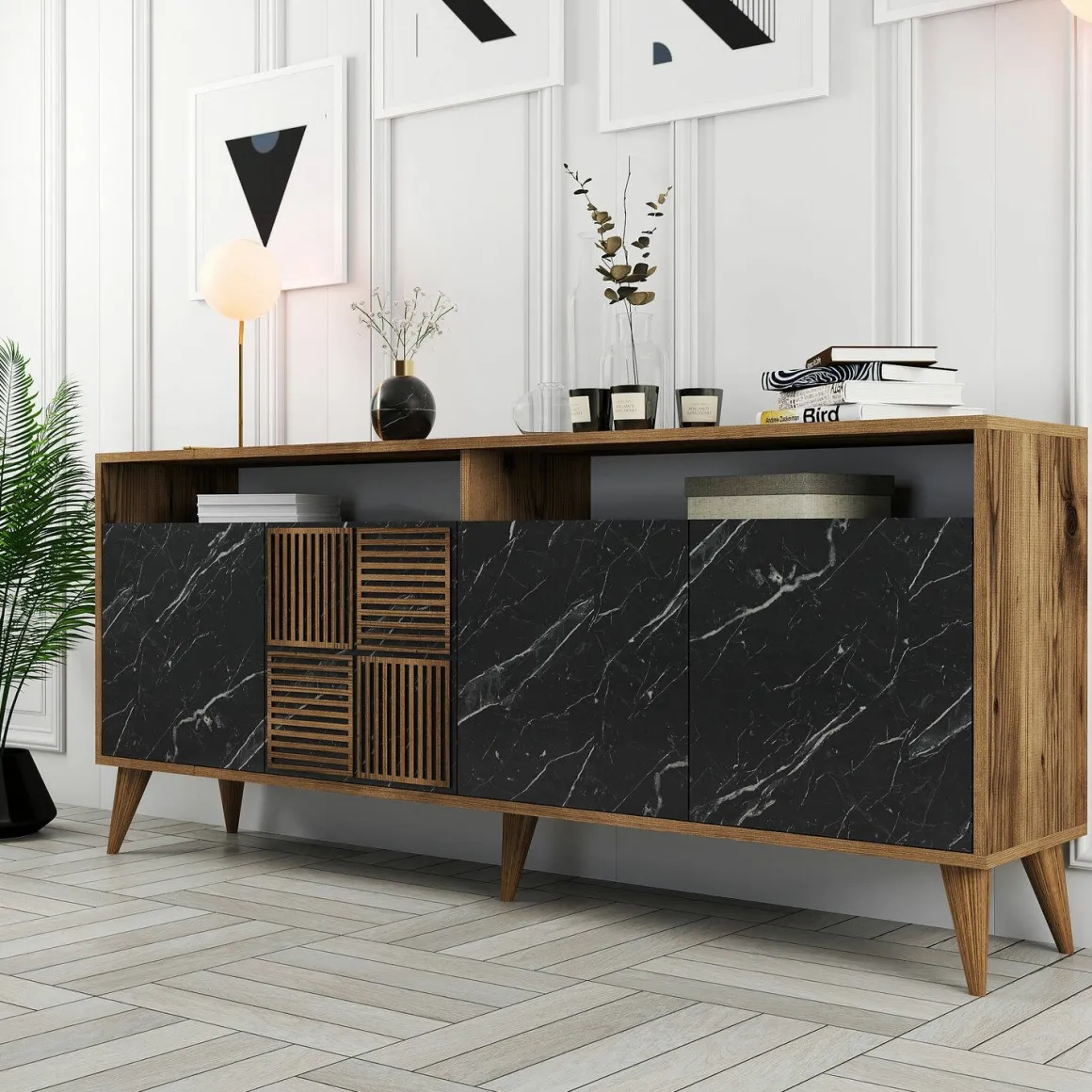 Credenza noce e nera 180x35x78h cm 4 ante - Benjamin