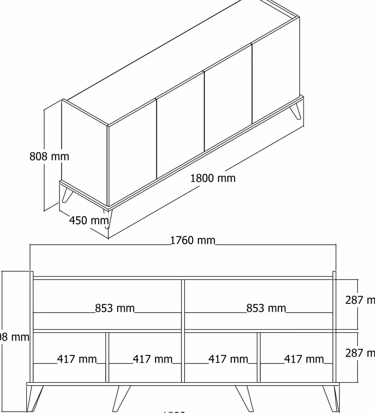 Madie|Credenze > Dmora Credenza noce 180x45x80h cm 4 ante - Paine Marrone Noce