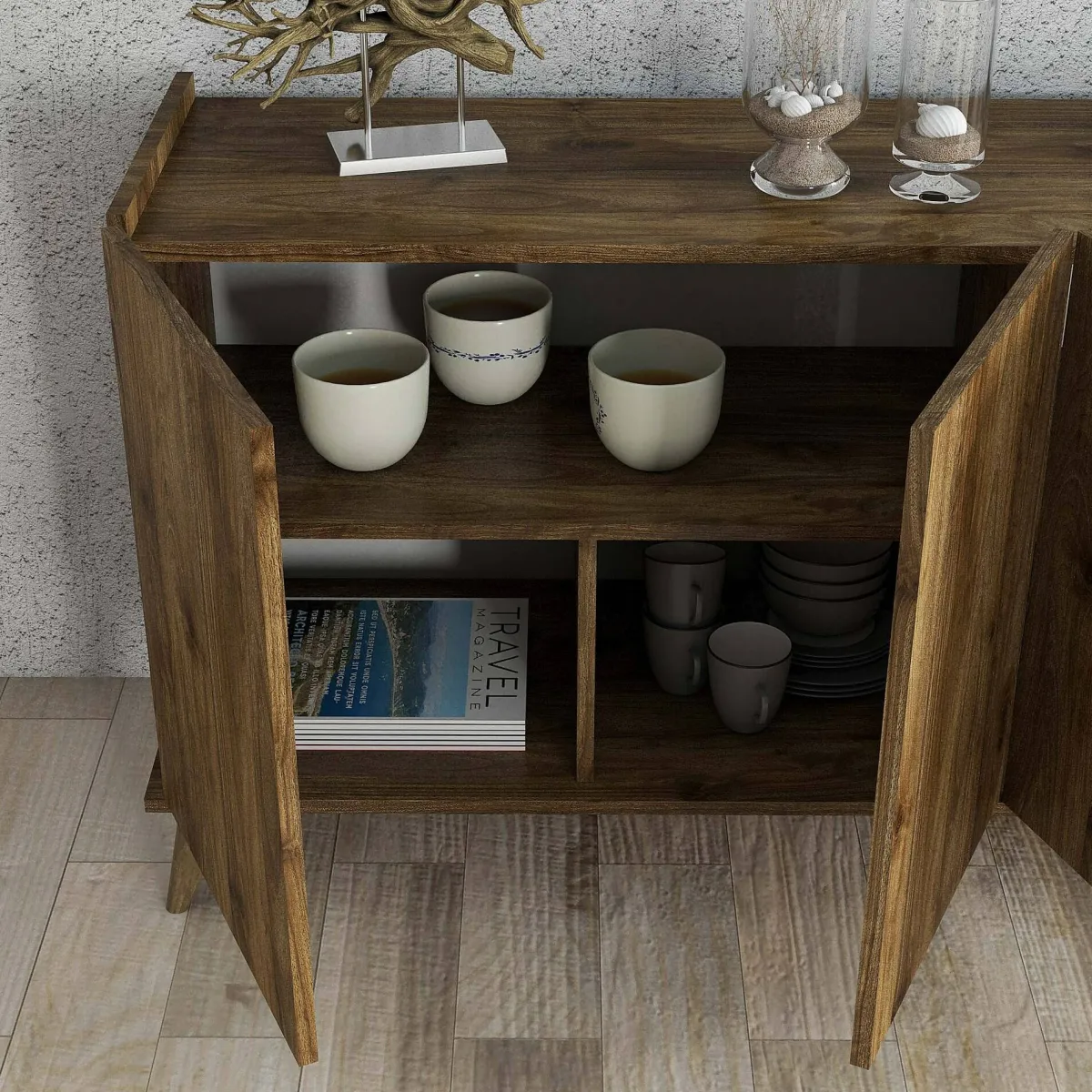 Madie|Credenze > Dmora Credenza noce 180x45x80h cm 4 ante - Paine Marrone Noce