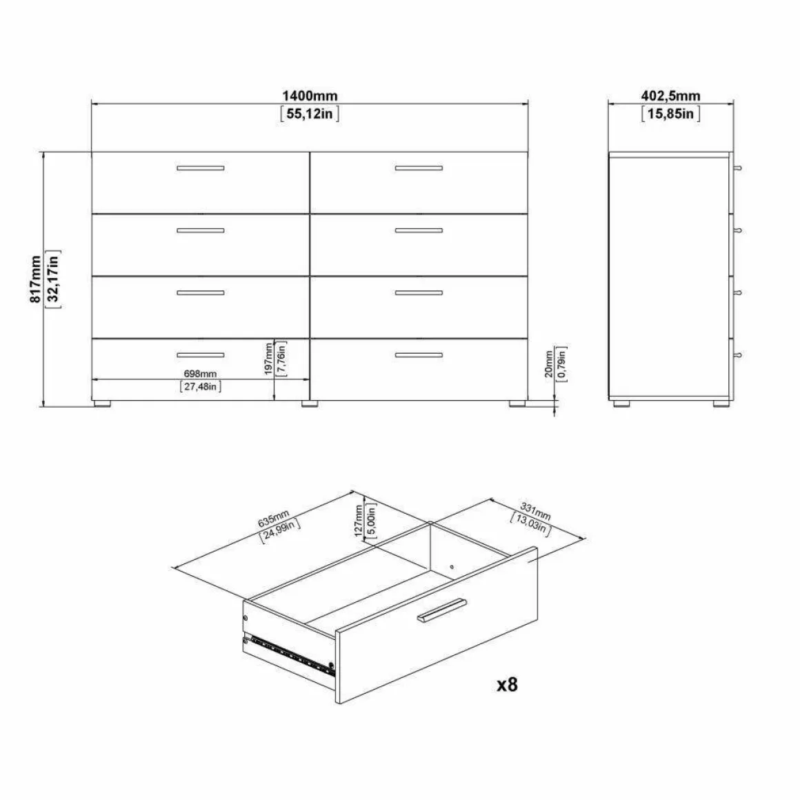 Credenza noce 140x40x81h cm 8 cassetti - Urduja