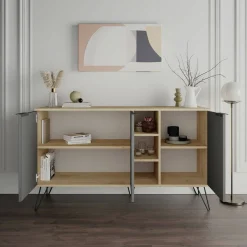 Madie|Credenze > Dmora Credenza quercia e antracite 160x40x71h cm 4 ante - Bratislava Nero Antracite, Marrone Quercia