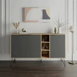 Madie|Credenze > Dmora Credenza quercia e antracite 160x40x71h cm 4 ante - Bratislava Nero Antracite, Marrone Quercia