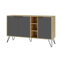 Madie|Credenze > Dmora Credenza quercia e antracite 160x40x71h cm 4 ante - Bratislava Nero Antracite, Marrone Quercia