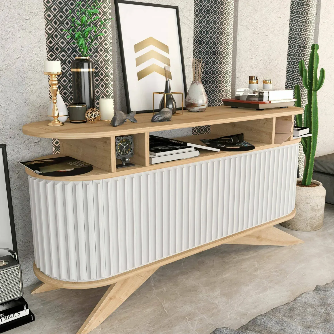 Cucina|Madie > Dmora Credenza quercia e bianca 180x44x75h cm 3 ante - Aziz Bianco, Marrone Quercia