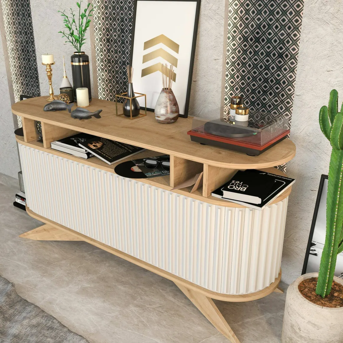 Cucina|Madie > Dmora Credenza quercia e bianca 180x44x75h cm 3 ante - Aziz Bianco, Marrone Quercia