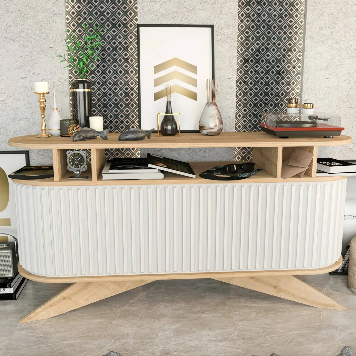 Cucina|Madie > Dmora Credenza quercia e bianca 180x44x75h cm 3 ante - Aziz Bianco, Marrone Quercia