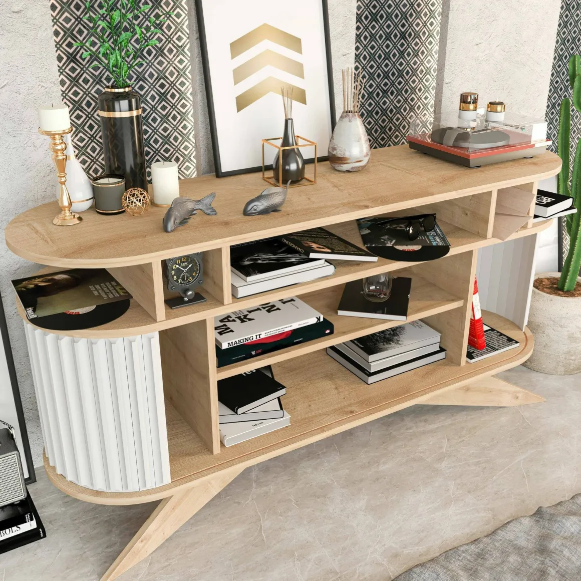Cucina|Madie > Dmora Credenza quercia e bianca 180x44x75h cm 3 ante - Aziz Bianco, Marrone Quercia