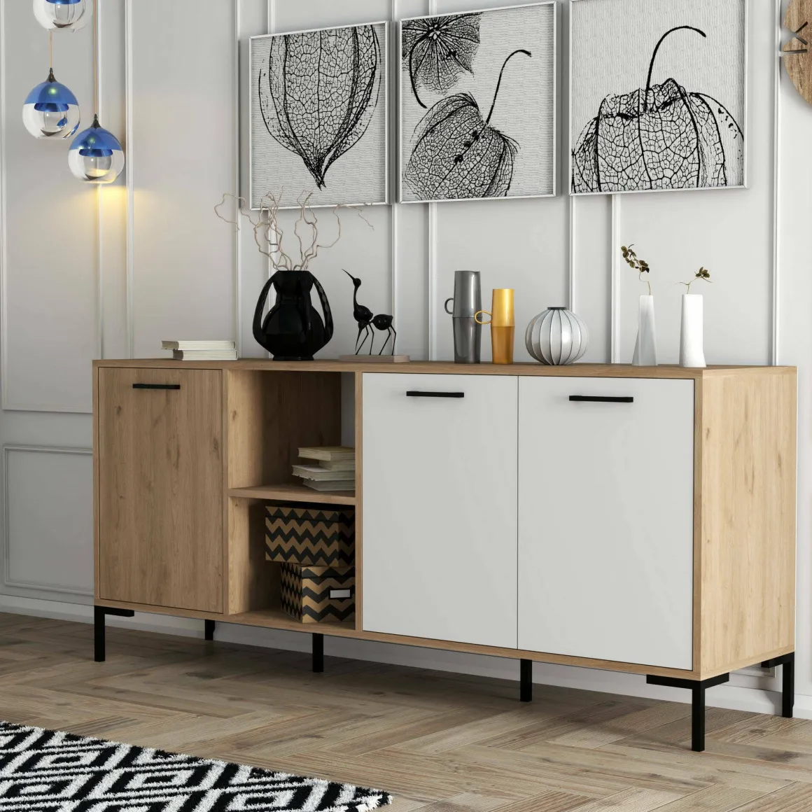 Madie|Credenze > Dmora Credenza quercia e bianca 180x45x80h cm 3 ante - Vardah Bianco, Marrone Quercia