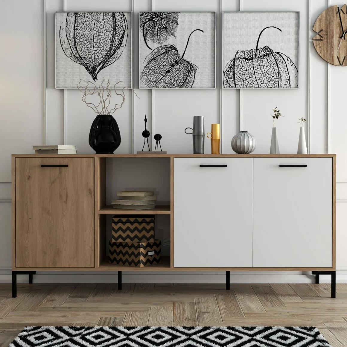 Madie|Credenze > Dmora Credenza quercia e bianca 180x45x80h cm 3 ante - Vardah Bianco, Marrone Quercia