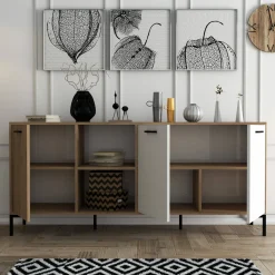 Madie|Credenze > Dmora Credenza quercia e bianca 180x45x80h cm 3 ante - Vardah Bianco, Marrone Quercia
