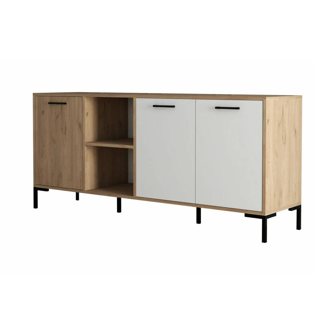 Madie|Credenze > Dmora Credenza quercia e bianca 180x45x80h cm 3 ante - Vardah Bianco, Marrone Quercia