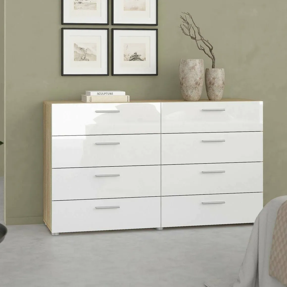 Madie|Credenze > Dmora Credenza quercia e bianco lucida 140x40x82h cm 8 cassetti - Aligon Bianco Lucido, Marrone Quercia