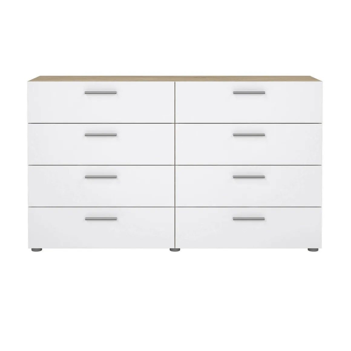 Madie|Credenze > Dmora Credenza quercia e bianco lucida 140x40x82h cm 8 cassetti - Aligon Bianco Lucido, Marrone Quercia